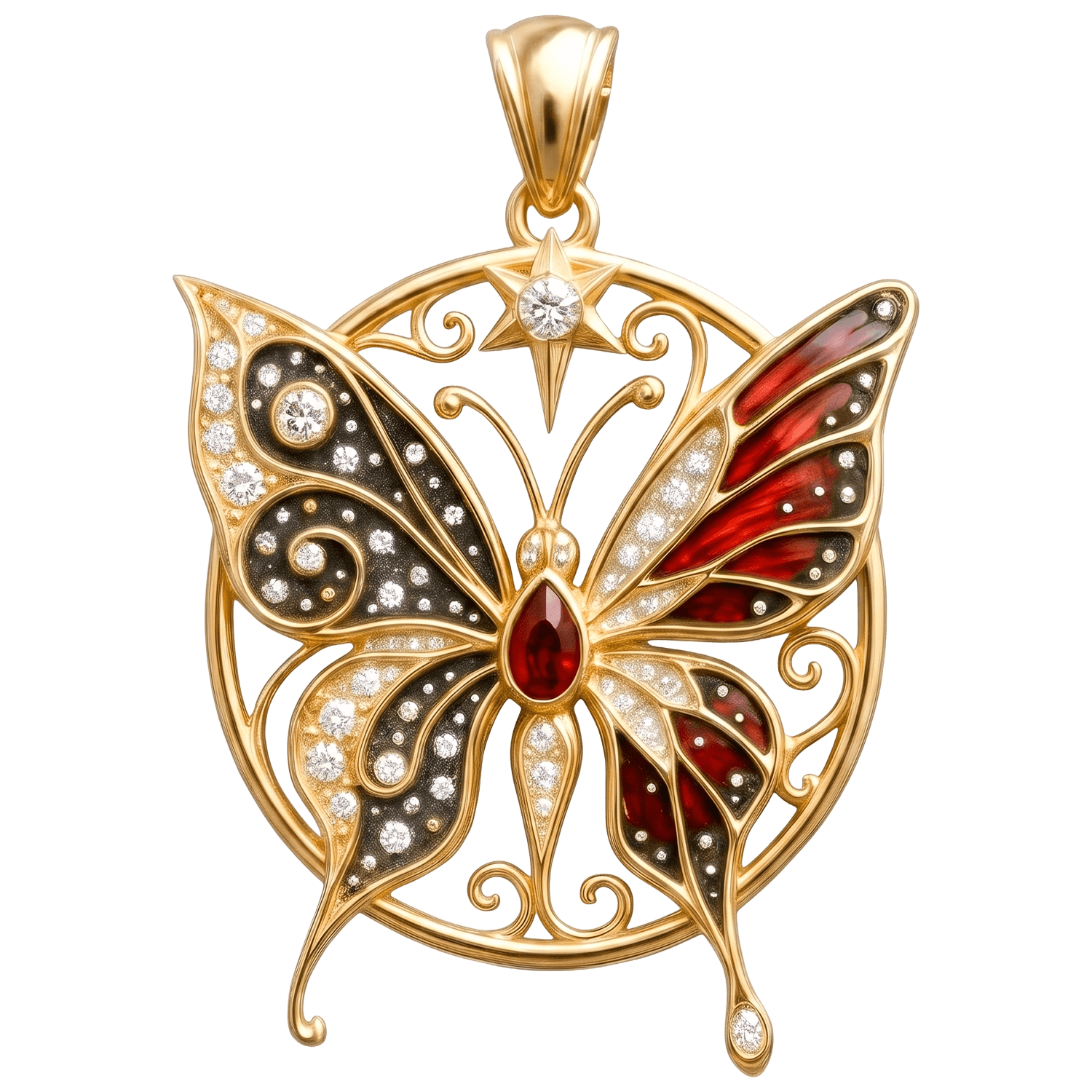 Finished gold butterfly talisman with red enamel wings