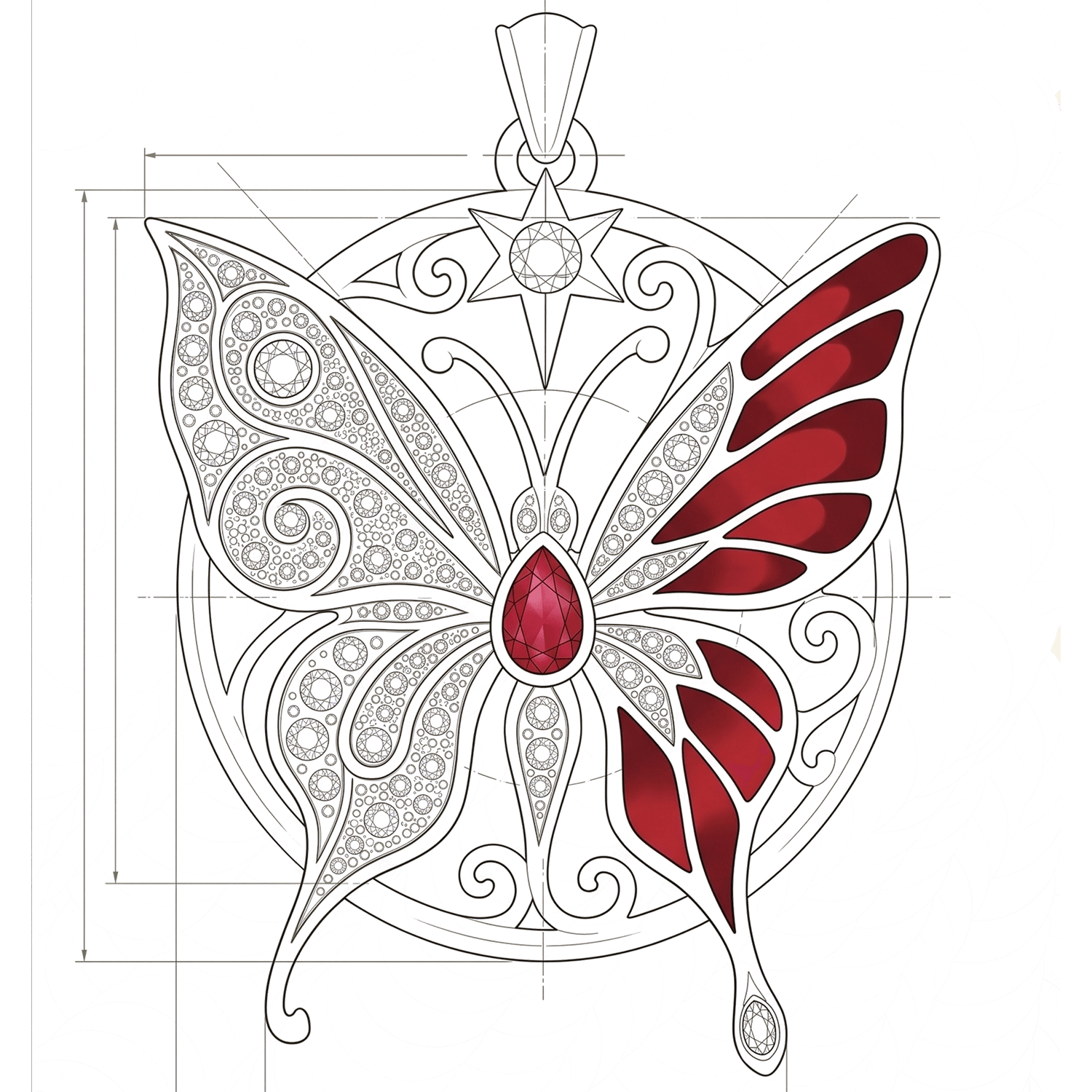 Technical sketch of the butterfly talisman with proportion guides